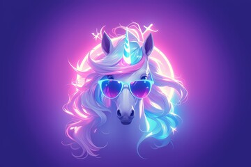 Poster - cool unicorn wearing sunglasses on a gradient background, in the style of synthwave. 