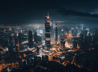 Wall Mural - Aerial view, night city view with night sky. Night metropolis top view from a drone