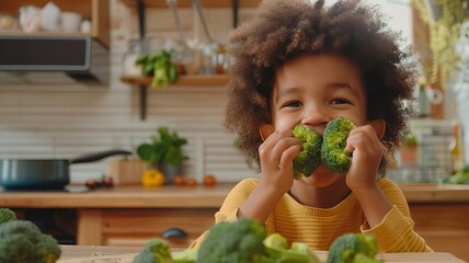 Wall Mural - Child eats broccoli. selective focus. Generative A