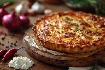 Wall Mural - Gourmet Quiche Lorraine with Bacon and Basil Garnish