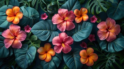 Wall Mural - tropical leaves and flowers wallpaper background