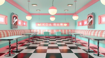 Canvas Print - Create a seamless pattern background with a retro diner theme, featuring checkerboard floors, vinyl booth upholstery, and neon signage inspired by 80's and 90's roadside eateries.