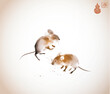 Two playing mice in vintage style. Traditional oriental ink painting sumi-e, u-sin, go-hua. Translation of hieroglyph - joy
