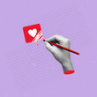 Female hand holding red colored pencil painting over a like symbol from a social media on purple color background. 3d Trendy creative collage in magazine style. Modern design, contemporary art