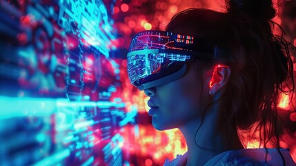 Augmented reality. Woman in futuristic neon metaverse game, girl exploring AR cyberspace