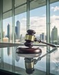 a sleek, modern gavel made of brushed steel, positioned on a glass-top judge’s desk in a contemporary courtroom with minimalist design, white walls, and large, clear windows showi