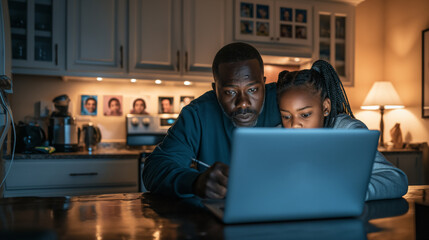 A father and his teenage daughter sit side by side at the kitchen table, their faces illuminated by the glow of a laptop screen