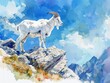 Hand drawn watercolor of a mountain goat atop a sunny peak, bright pastels, serene and vibrant nature depiction