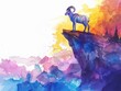 Hand drawn watercolor of a mountain goat atop a sunny peak, bright pastels, serene and vibrant nature depiction