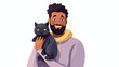 Black person charmed with cute funny cat. Pet owner