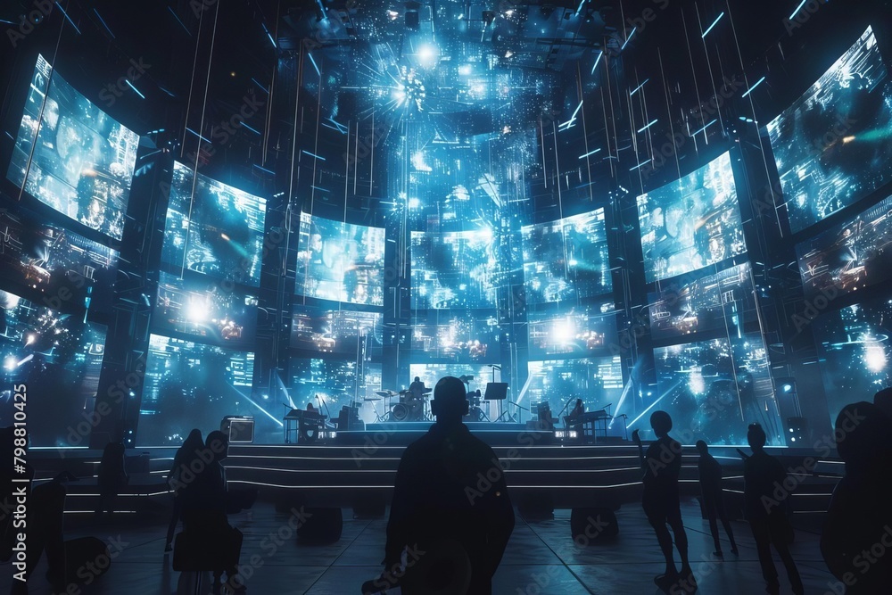 Dynamic view of a futuristic concert stage where the band plays ...