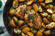 Close-up Shot Top view, Garlic Butter Chicken and Potatoes Skillet, food photography