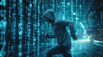 Wall Mural - A young man in a hoodie running through a wall of binary code. Hacking computer programs.