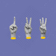 Set of 3d hands showing gestures counting one, two, three numbers on a violet color background. Trendy creative collage in magazine style. Contemporary art. Modern design. Hand signs