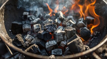 Wall Mural - Charcoal briquettes grilling under the afternoon sun