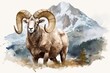 © NEW - A watercolor painting of a bighorn ram standing in front of a mountain.