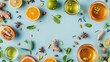 Picture a creative flat lay layout featuring an assortment of teas and ingredients arranged on a light blue background, forming a visually appealing composition that celebrates the diversity of flavor