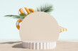 Summer product stand, display podium with coconut leaves, inflatable ring, on the beach. 3D rendering