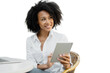 © muse studio - A woman and a tablet, a positive curly-haired smiling company employee, a cut-out background