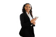 © muse studio - A smart female secretary in a suit uses a tablet, a cut-out background
