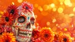 Digital Art: 3D Sugar Skull with Flowers on Orange Background