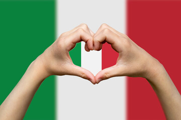 Wall Mural - Italy flag with two hands heart shape, express love or affection concept, support or donate to 