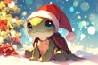 cartoon turtle wearing a christmas hat in winter