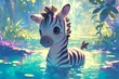 cartoon of a zebra soaking in river water