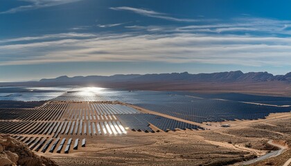Wall Mural - A large solar farm in a desert landscape. Rows of solar panels stretch out towards the horizon, capturing the intense sunlight.
