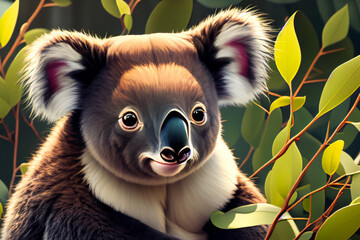 Wall Mural - animals in Australia. koala sits on a tree branch and eats, close-up. animals and nature concept