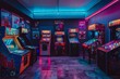Vibrant Retro Gaming Arcade With Classic Machines Under Neon Lights