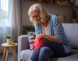 © Twopictures - Älter Dame mit Knieschmerzen durch Arthrose Arthritis. Sitzt ud hält die Hand am Knie
