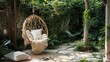 A cozy bohemian style hanging chair with pillows and a blanket in a lush garden