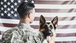 Back of american military man with service german shepherd on the background of the US flag, veterans day