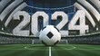 Numbers 2024 and soccer ball on a football stadium in 3D style, opening of games, Euro 2024 Championship