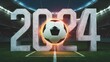 Numbers 2024 and soccer ball on a football stadium in 3D style, opening of games, Euro 2024 Championship
