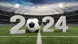 Euro 2024, a soccer ball on a football stadium in 3D style with Numbers 2024