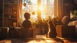 Child and cat sitting in a cozy room with sunset light streaming through the window