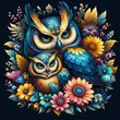 Floral artistic image of black background blue yellow magenta green owl with her baby