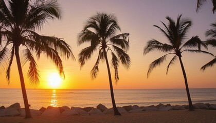 Poster - Gorgeous tropical sunset over beach with palm tree silhouettes Perfect for summer travel and vacation