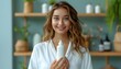© Tharu - Girl hold in liquid soap bottle. Selfcare and beauty products concept. Close up smiling beautiful woman with holding shampoo or shower gel bottle. product photograph of white shampoo bottle ,no label