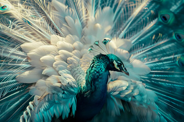 Wall Mural - Male white peacock showing feathers. Close up background.