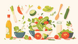 Fototapeta Londyn - Fresh vegetable salad and juice vector flat illustr