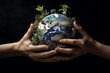 Powerful visual of a hand securely holding the Earth, with greenery sprouting from the continents, emphasizing ecoprotection