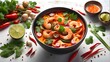 Artistic depiction of a top view scene featuring a bowl of tasty tom yum kung shrimp, a spicy and flavorful Thai dish, surrounded by its ingredients on a clean white table. Type of Image: Digital Illu