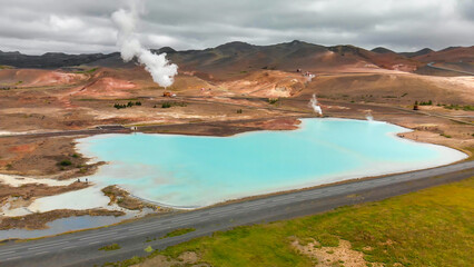 Poster - Aerial view of Blue lake made from water coming out of geothermal power plant from above, Iceland