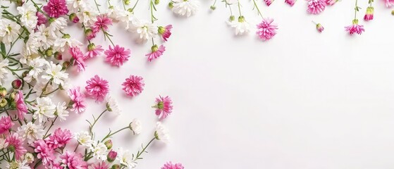 Pink statice and white chrysanthemum flowers on a white background. Top view. Copy space. Space for the text. The concept of the holiday.