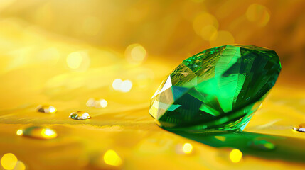 Macro photography, prime lens, close-up shot, emerald precious stone, isolated against yellow background. Bright, studio lighting, bokeh