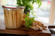 Fresh saisonal ingredients for preserved white asparagus in mason jar. Background for healthy eating concept with space for text.