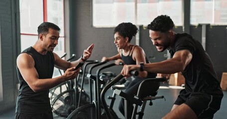 Poster - Cycling, instructor and bicycle in gym for exercise, high five in training class for body wellness or workout goal. Coach, cardiovascular fitness or joint mobility, client progress and equipment